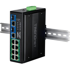 TRENDnet TI-BG108 10-Port Ethernet Switch, 8 Gigabit PoE++ ports, 2 shared Gigabit RJ-45/SFP slots, 20 Gbps switching capacity, DIN-rail/wall mount